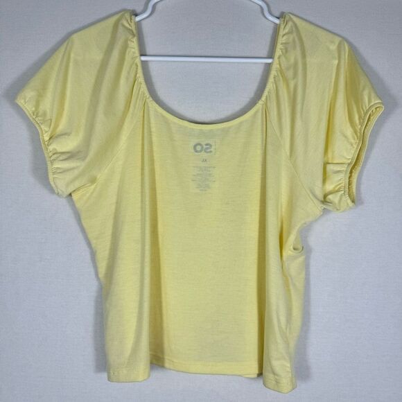 Womens Yellow Crop Top Size XL Ruched Bust Square Neck Flutter Sleeve Casual Tee - Picture 2 of 7